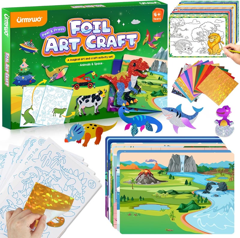 URMYWO Fun Foil Art Craft Kits, Arts and Crafts for Kids 4-6, DIY Dinosaur & Space Creative Sticker Coloring Activity, Craft Supplies, Travel Toys, 4 5 6 7 8 9 10 Year Old Boy Girl Gifts - Image 1
